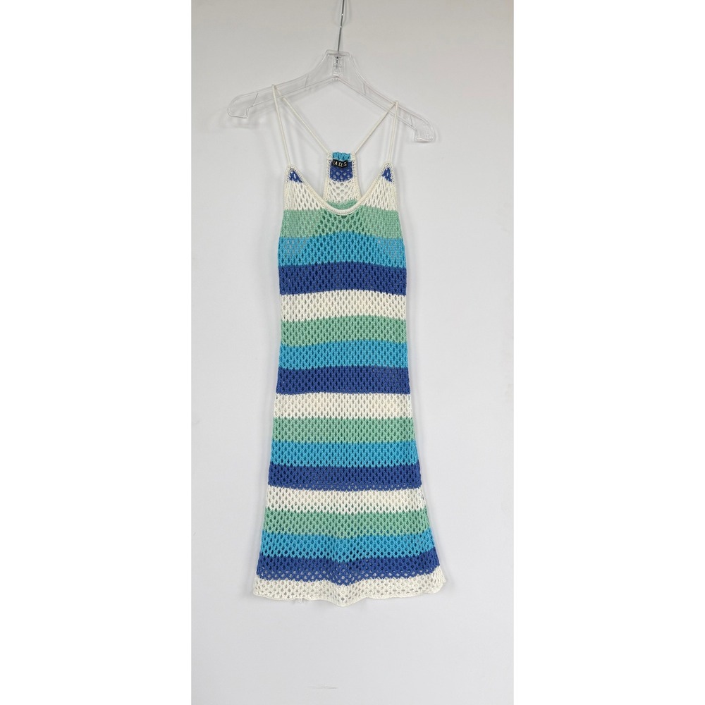 LA Class Crochet Racerback Mini Striped Dress S/M Blue Green Cover-Up Swim Beach